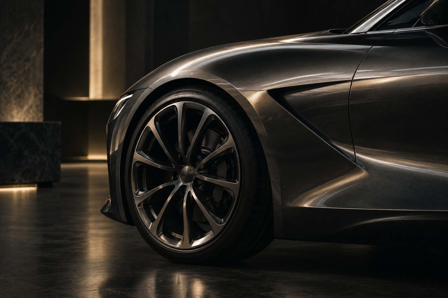 Concept photograph of sculptural, unbranded graphite automotive bodywork