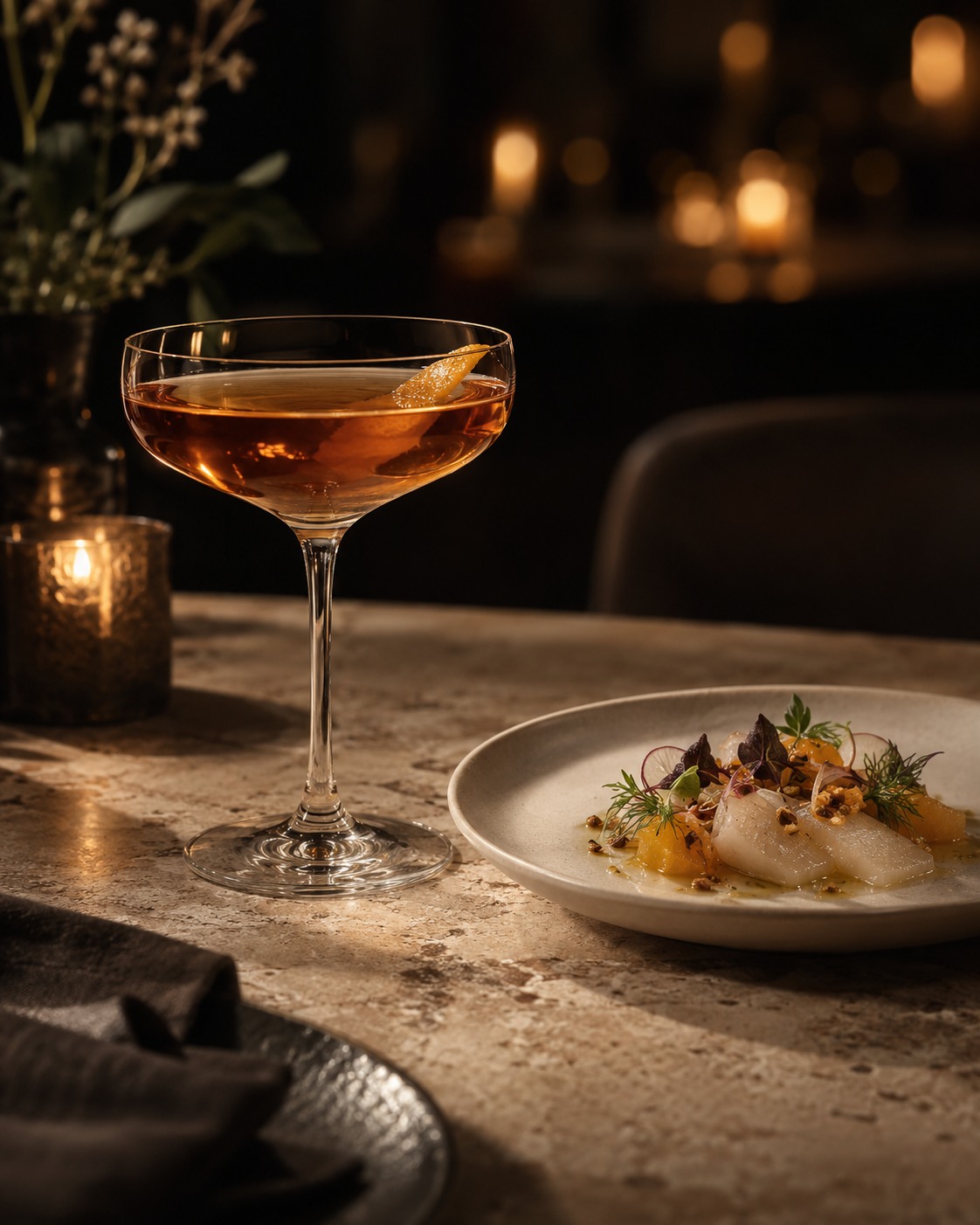 Concept still life of a cocktail and chef's plate in an intimate hospitality setting